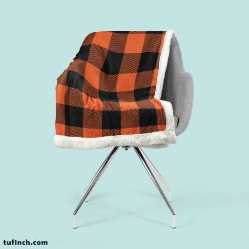 Orange Black Buffalo Plaid Pattern Sherpa Fleece Blanket 2