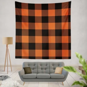 Orange Black Buffalo Plaid Pattern Wall Tapestry