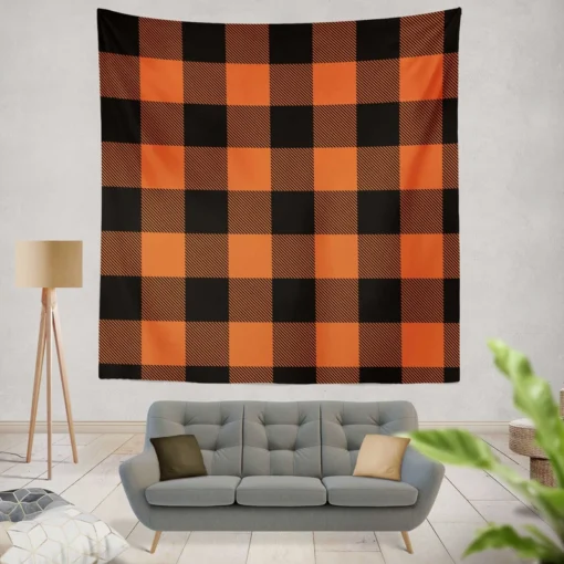 Orange Black Buffalo Plaid Pattern Wall Tapestry