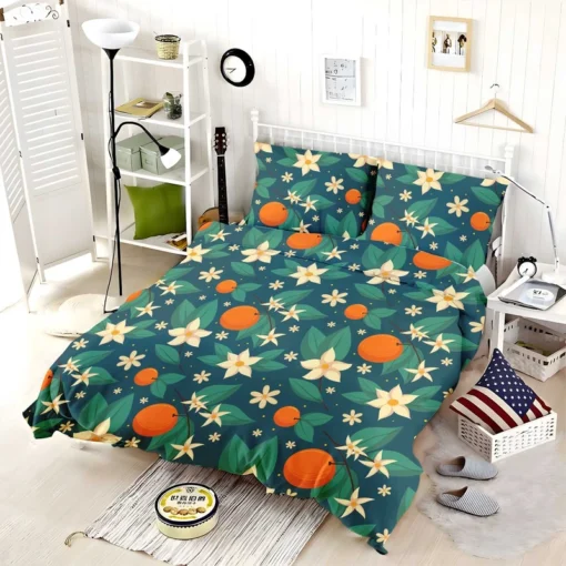 Orange Blossom Leaves With Flowers Bedding Set