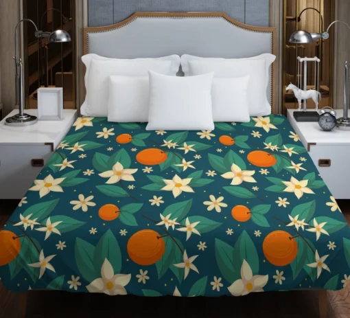 Orange Blossom Leaves With Flowers Duvet Cover