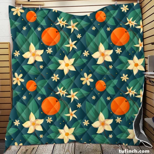 Orange Blossom Leaves With Flowers Quilt Blanket