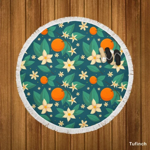 Orange Blossom Leaves With Flowers Round Beach Towel