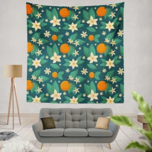 Orange Blossom Leaves With Flowers Wall Tapestry