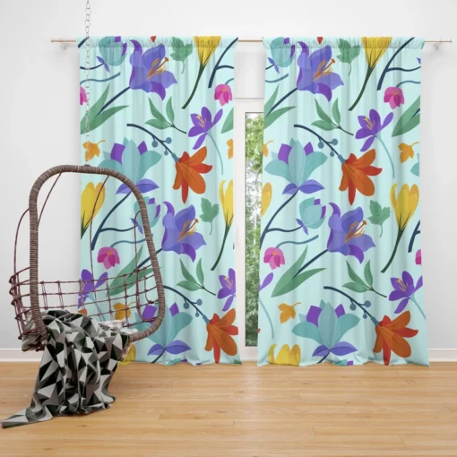 Orange Blue Yellow Lily Flowers Curtain