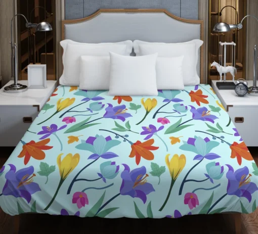 Orange Blue Yellow Lily Flowers Duvet Cover