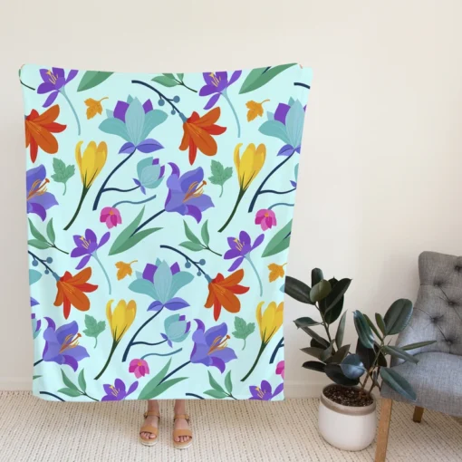 Orange Blue Yellow Lily Flowers Fleece Blanket