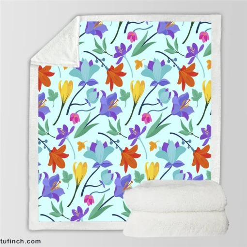 Orange Blue Yellow Lily Flowers Sherpa Fleece Blanket