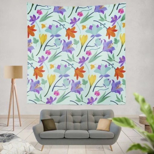 Orange Blue Yellow Lily Flowers Wall Tapestry