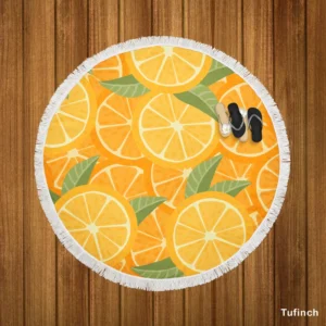 Orange Citrus Leaf Design Round Beach Towel