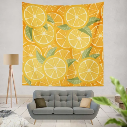 Orange Citrus Leaf Design Wall Tapestry