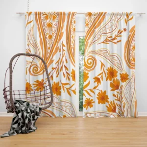 Orange Color Flowers Paisley Design Curtain