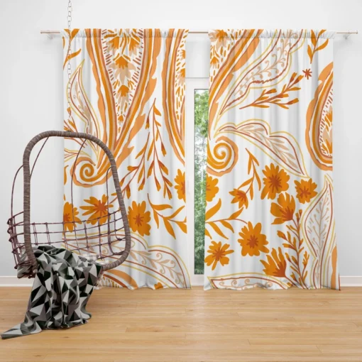 Orange Color Flowers Paisley Design Curtain