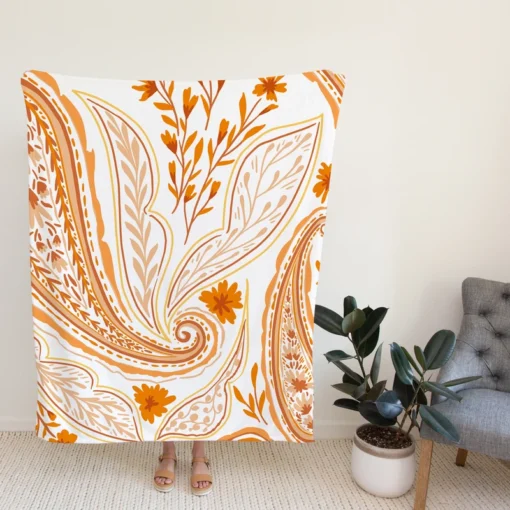 Orange Color Flowers Paisley Design Fleece Blanket