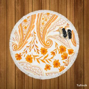 Orange Color Flowers Paisley Design Round Beach Towel