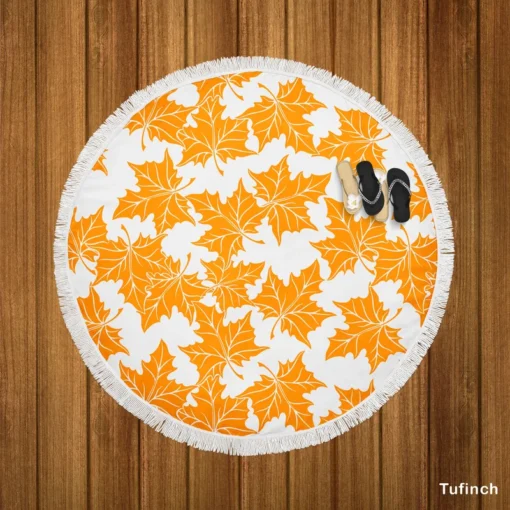 Orange Color Maple Leaves Round Beach Towel