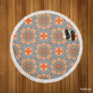 Orange Colored Morocco Pattern Round Beach Towel