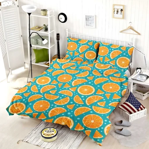 Orange Fruit Blue Background Bedding Set