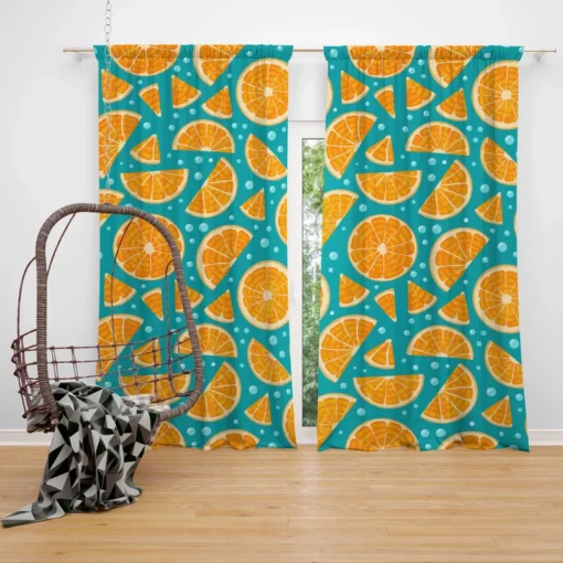 Orange Fruit Blue Background Curtain