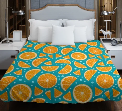 Orange Fruit Blue Background Duvet Cover