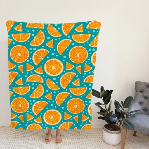 Orange Fruit Blue Background Fleece Blanket