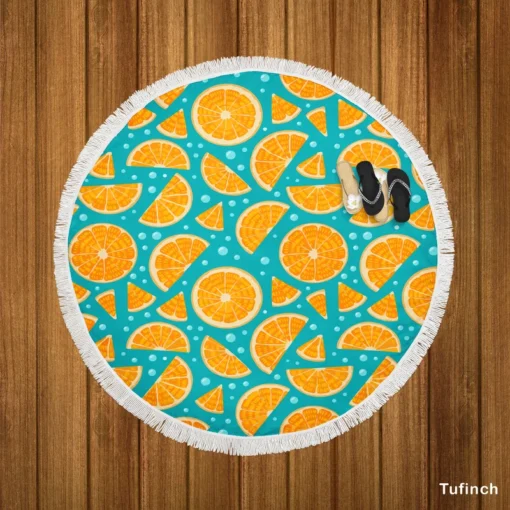 Orange Fruit Blue Background Round Beach Towel