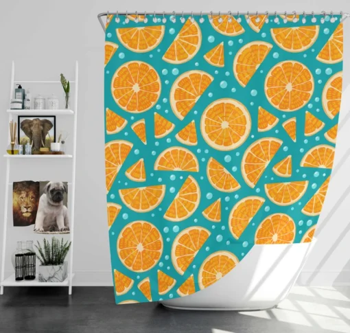 Orange Fruit Blue Background Shower Curtain