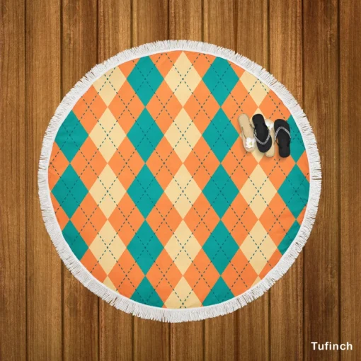 Orange Green Argyle Pattern Round Beach Towel