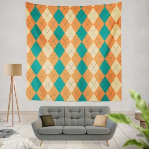 Orange Green Argyle Pattern Wall Tapestry