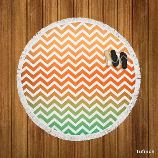 Orange Green Pastel Chevron Stripes Round Beach Towel