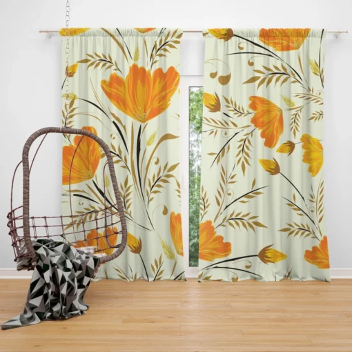 Orange Lily Flowers Spring Pattern Curtain