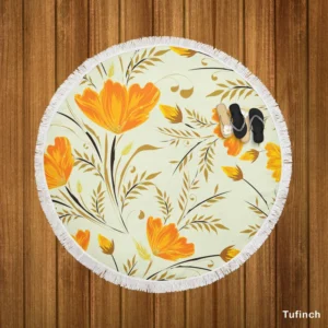 Orange Lily Flowers Spring Pattern Round Beach Towel