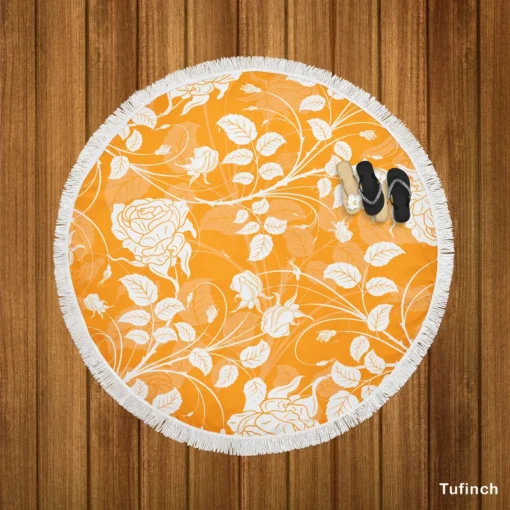 Orange Nouveau Rose Floral Round Beach Towel