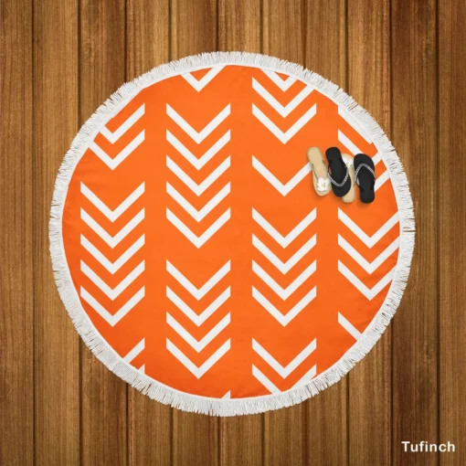 Orange Pattern With White Chevron Round Beach Towel