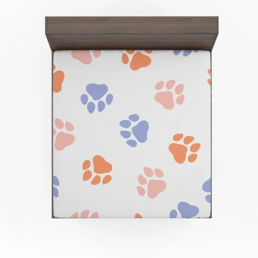 Orange Pink Blue Dog Paws Print Fitted Sheet