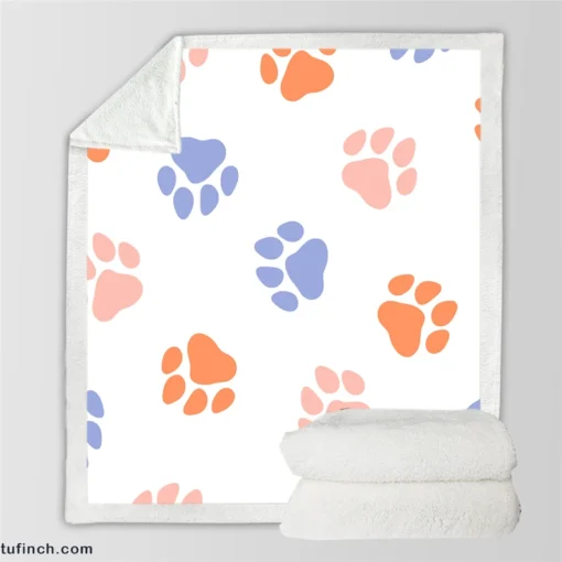 Orange Pink Blue Dog Paws Print Sherpa Fleece Blanket