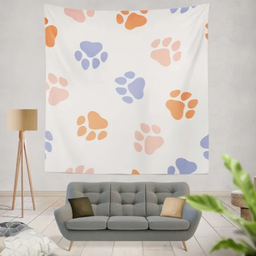 Orange Pink Blue Dog Paws Print Wall Tapestry