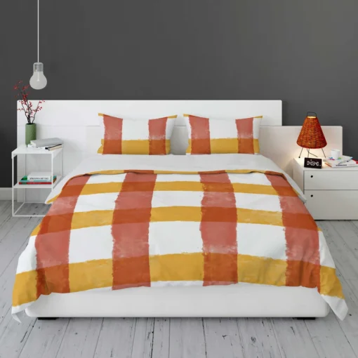 Orange Red Gingham Colorful Stripes Bedding Set 1