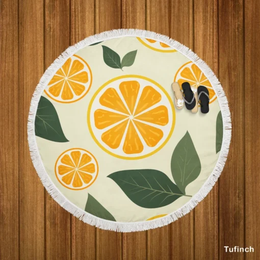 Orange Slice Leaf Beige Design Round Beach Towel