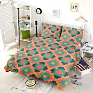 Orange Teal Green Geometrics Argyle Tribal Bedding Set