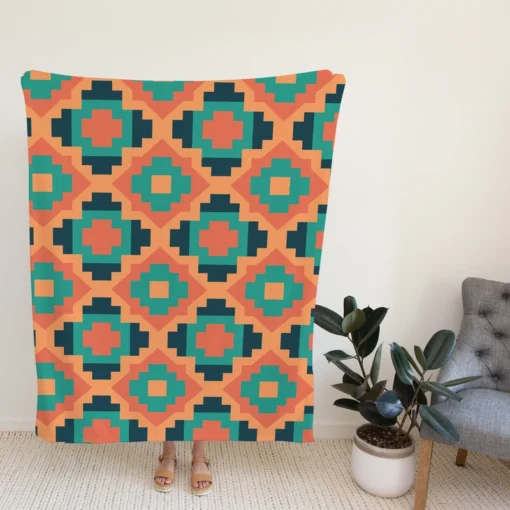 Orange Teal Green Geometrics Argyle Tribal Fleece Blanket