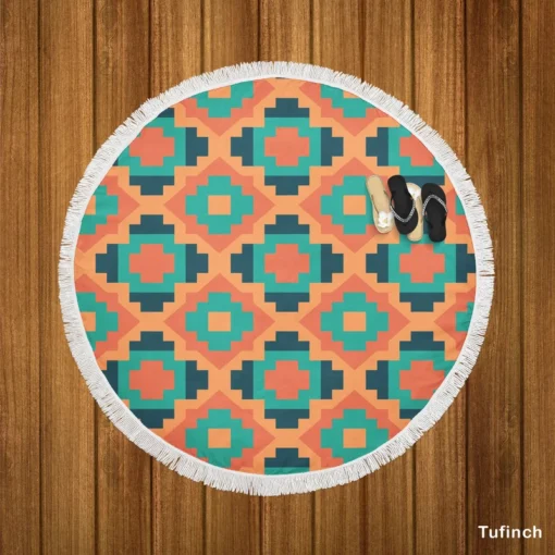 Orange Teal Green Geometrics Argyle Tribal Round Beach Towel