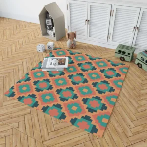 Orange Teal Green Geometrics Argyle Tribal Rug 1