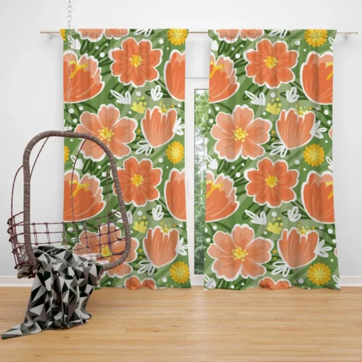 Orange Tulips Floral Pattern Curtain