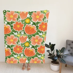 Orange Tulips Floral Pattern Fleece Blanket