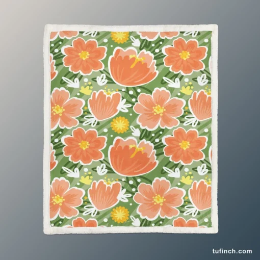 Orange Tulips Floral Pattern Sherpa Fleece Blanket 1