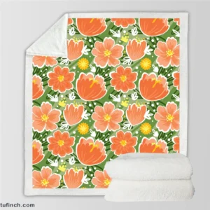 Orange Tulips Floral Pattern Sherpa Fleece Blanket