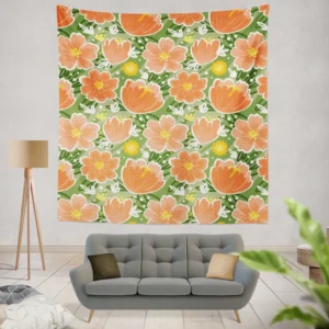 Orange Tulips Floral Pattern Wall Tapestry