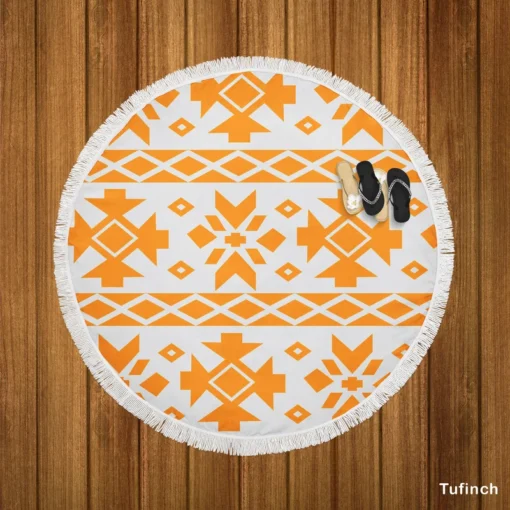 Orange White Songket Ethnic Round Beach Towel