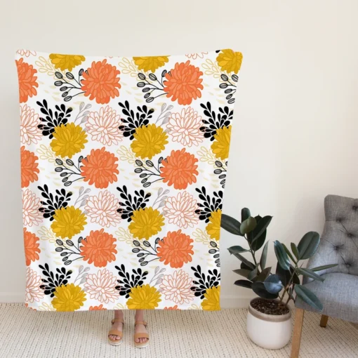 Orange Yellow Floral Pattern Fleece Blanket